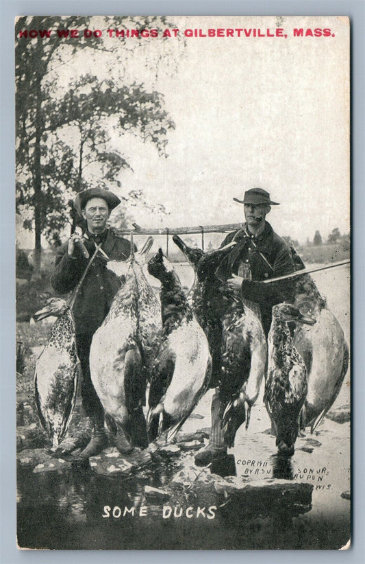 GILBERTVILLE MA DUCK HUNTING EXAGGERATED ANTIQUE POSTCARD