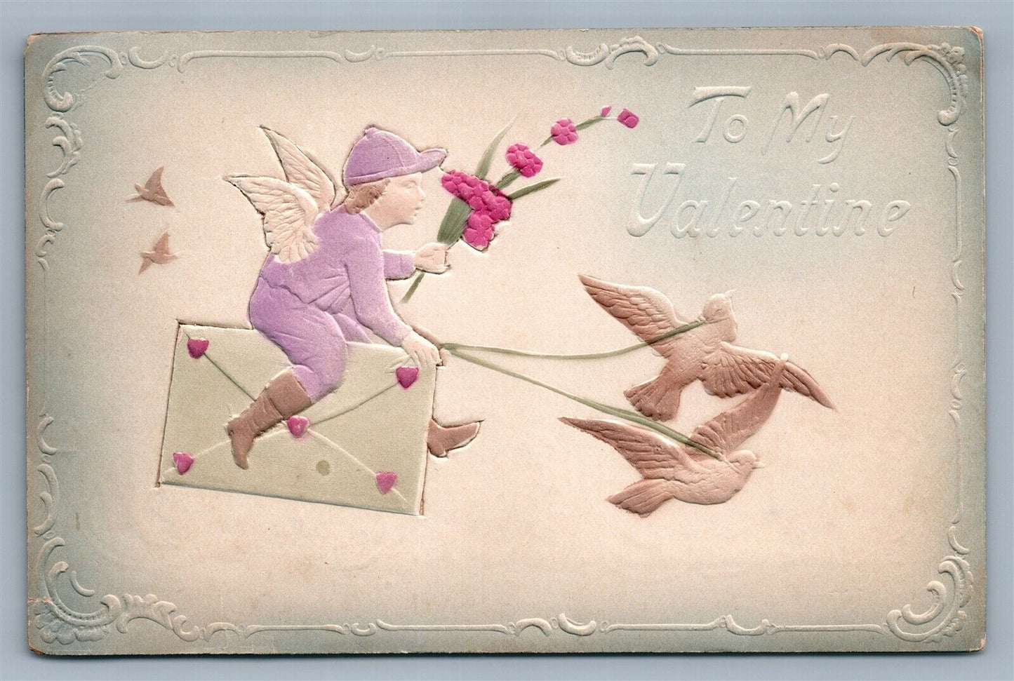 VALENTINE ANTIQUE EMBOSSED POSTCARD CUPID w/ PIGEON POST