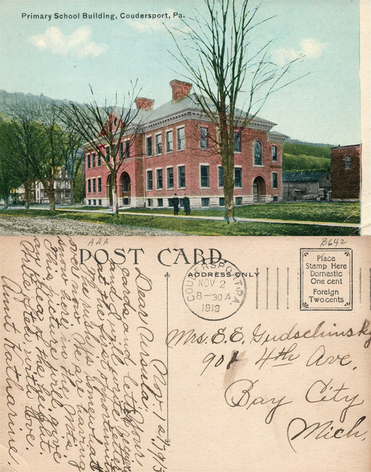 COUDERSPORT PA PRIMARY SCHOOL BUILDING 1913 ANTIQUE POSTCARD