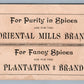 VICTORIAN TRADE CARD ORIENTAL MILLS PLANTATION BRAND FANCY SPICES antique