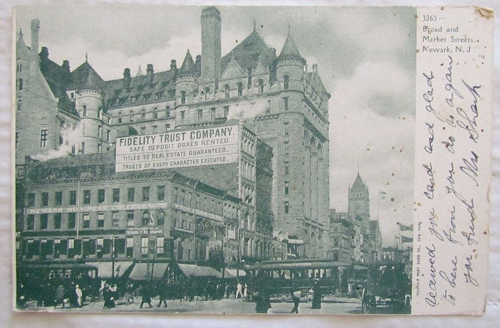 RPPC 1906 ANTIQUE POSTCARD BROAD MARKET STREET NEWARK NJ FIDELITY TRUST CO SIGN