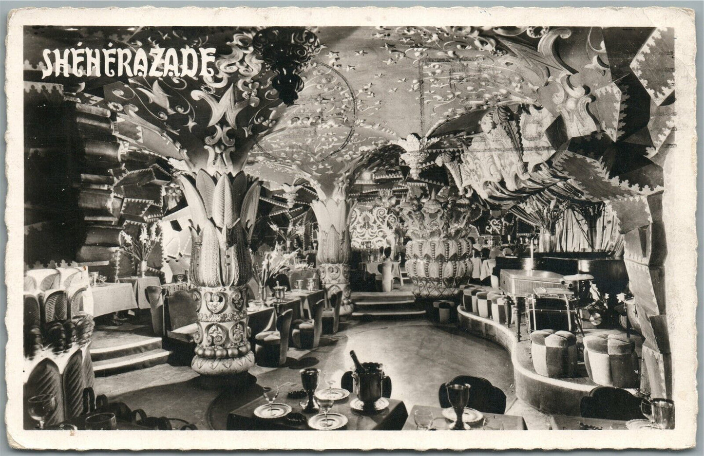 PARIS CAFE SHEHEREZADE INTERIOR VINTAGE REAL PHOTO POSTCARD RPPC