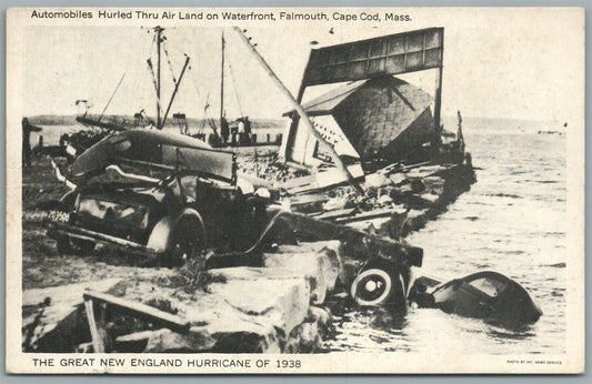 FALMOUTH CAPE COD MA AUTOMOBILES HURLED THRU AIR LAND ANTIQUE POSTCARD