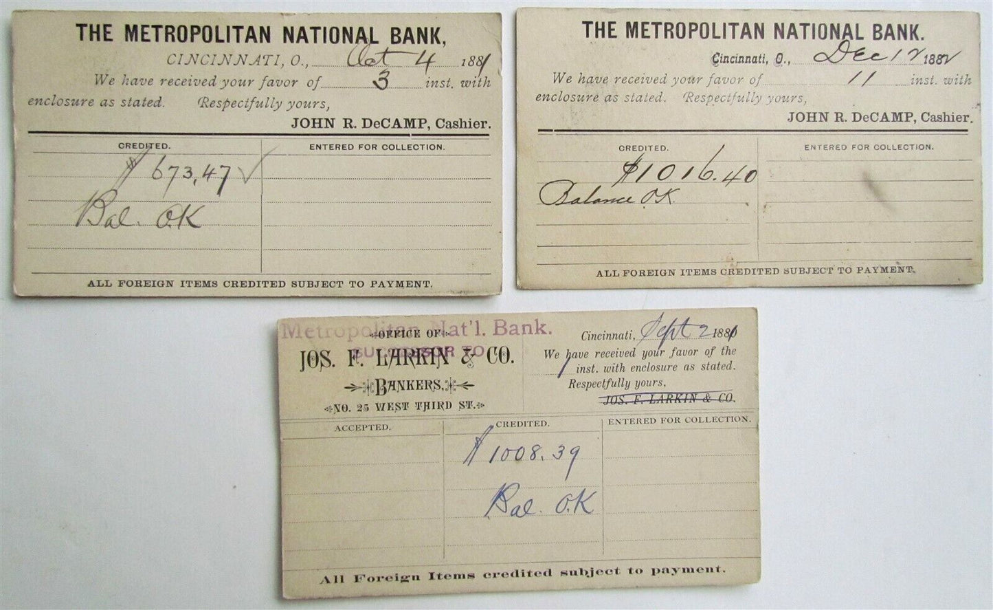 1881 LOT of 3 CINCINNATI OHIO BANKS ANTIQUE STATEMENT CARDS POSTCARDS