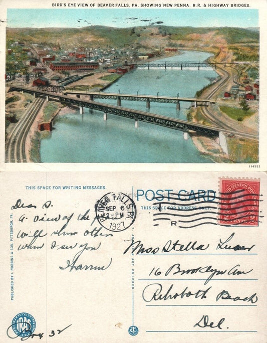 BEAVER FALLS PA NEW PENNA RAILROAD & HIGHWAY BRIDGES 1927 ANTIQUE POSTCARD
