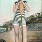 BEACH GIRL w/ OAR EXAGGERATED ANTIQUE POSTCARD collage