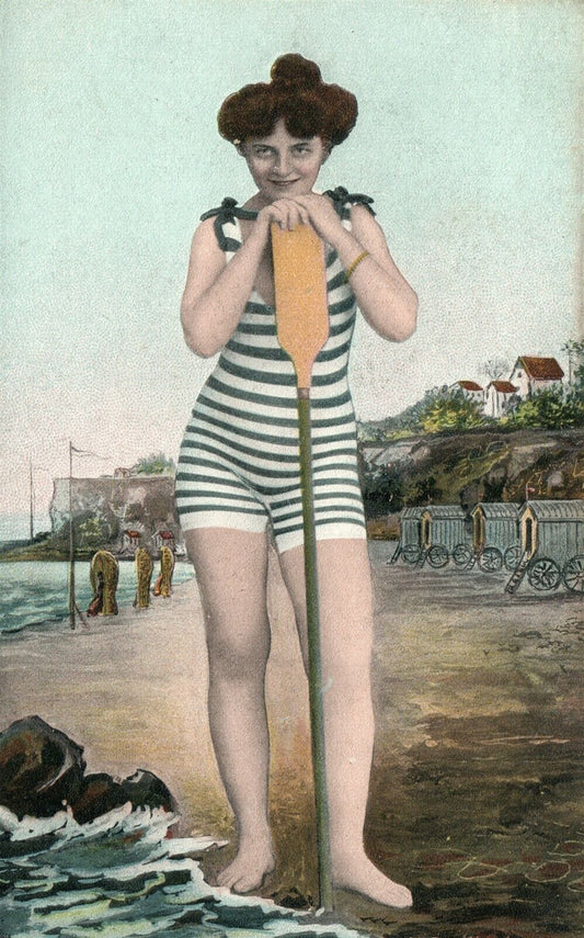 BEACH GIRL w/ OAR EXAGGERATED ANTIQUE POSTCARD collage