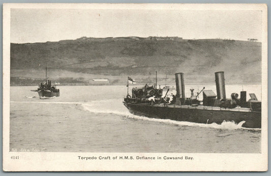 TORPEDO CRAFT OF HMS DEFIANCE in CAWSAND BAY ANTIQUE POSTCARD