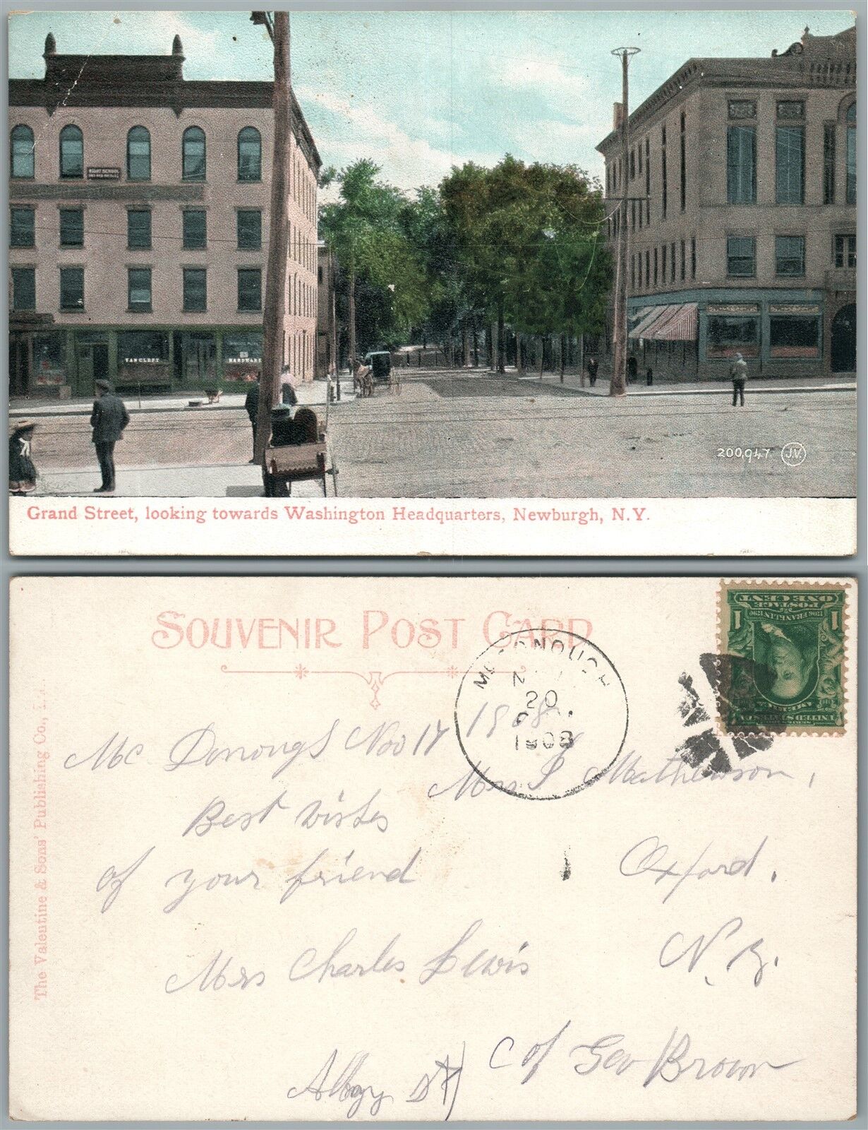 NEWBURGH N.Y. GRAND STREET 1908 UNDIVIDED ANTIQUE POSTCARD