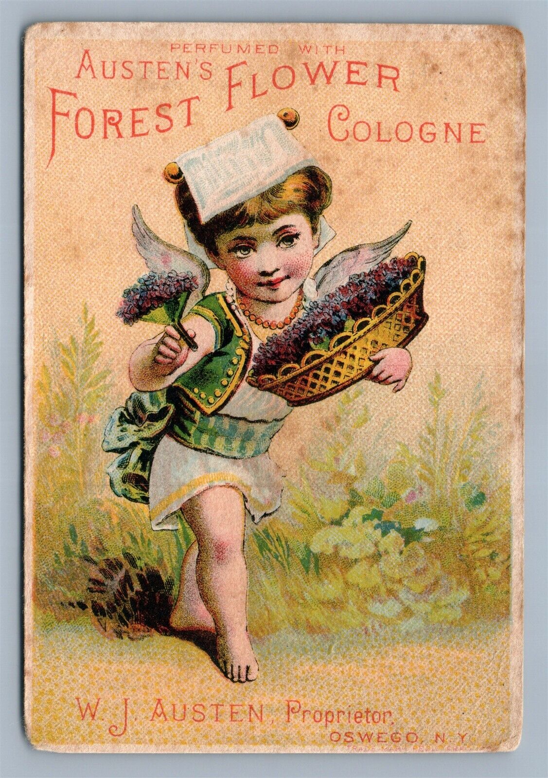 OSWEGO NY ANTIQUE VICTORIAN TRADE CARD FOREST FLOWER COLOGNE ADVERTISING