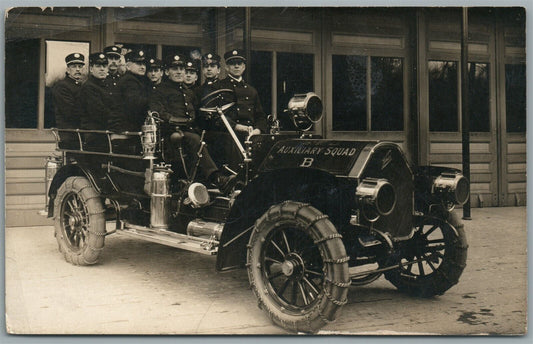 FIREFIGHTERS FIRE ENGINE CAR ANTIQUE REAL PHOTO POSTCARD RPPC AUXILIARY SQUAD