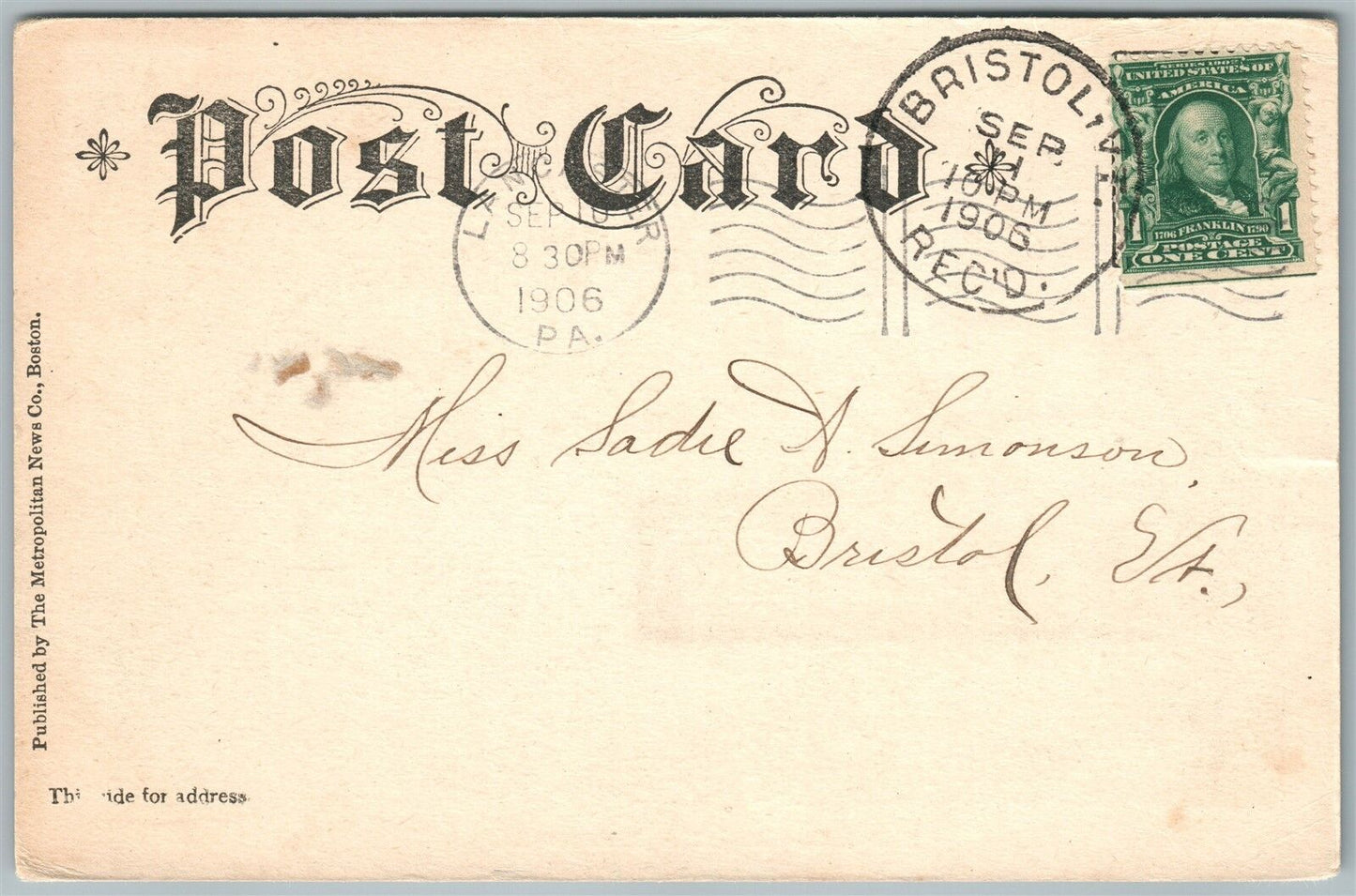 LANCASTER PA N.DUKE STREET UNDIVIDED 1906 ANTIQUE POSTCARD