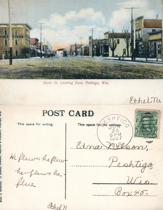 PESHIGO WIS. MAIN STREET 1907 ANTIQUE POSTCARD