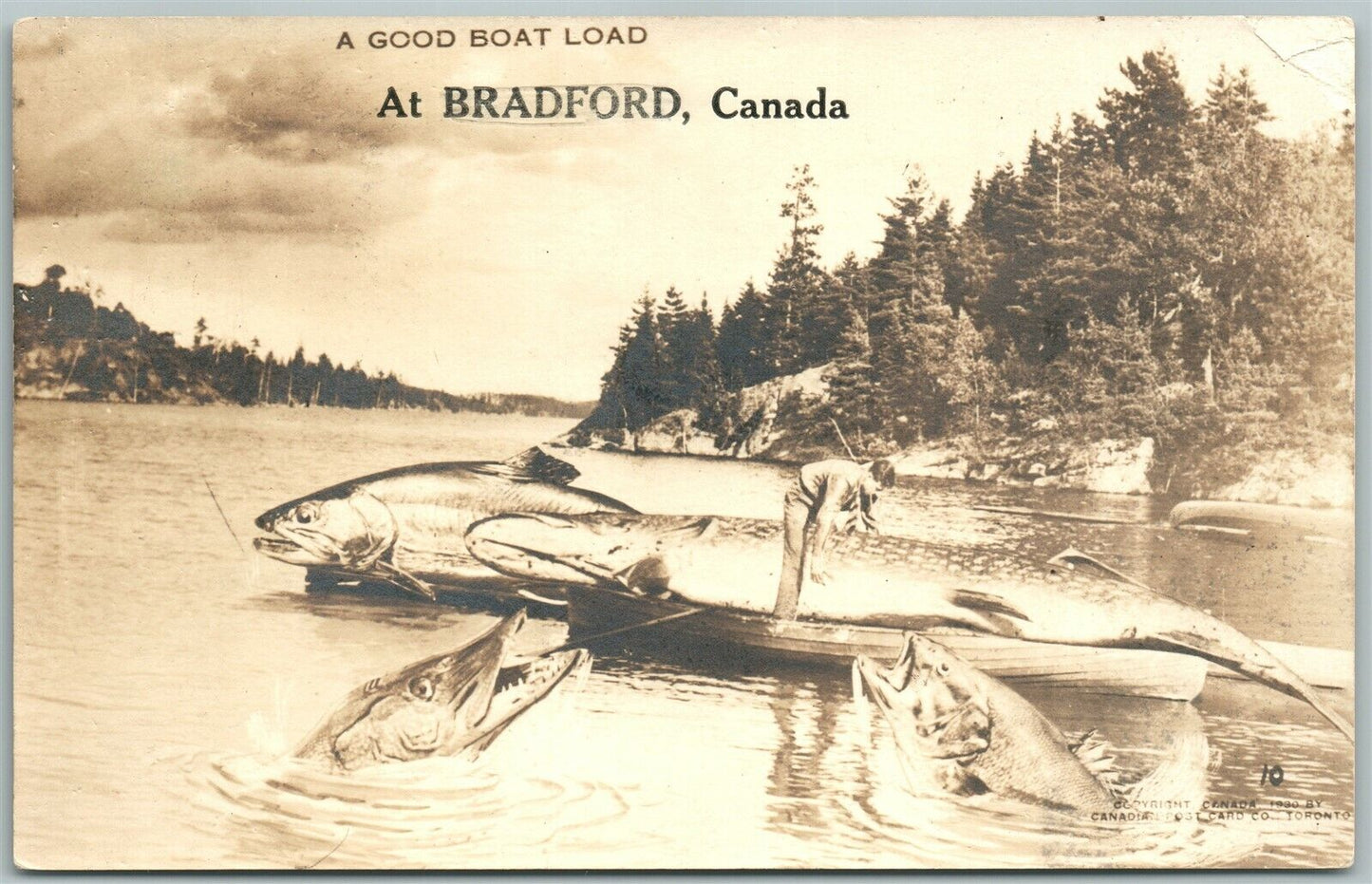 BRADFORD CANADA FISHING EXAGGERATED ANTIQUE REAL PHOTO POSTCARD RPPC CORK STAMP