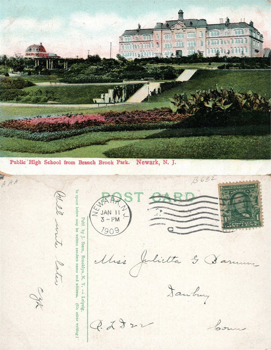 NEWARK N.J. PUBLIC HIGH SCHOOL 1909 ANTIQUE POSTCARD