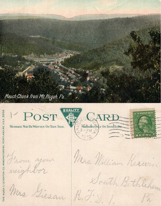 MAUCH CHUNK PA 1912 ANTIQUE POSTCARD