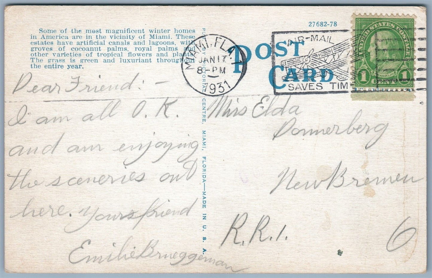 SWASTIKA MATHESON ESTATE COCONUT GROVE FL ANTIQUE 1931 POSTCARD AIR MAIL STAMP