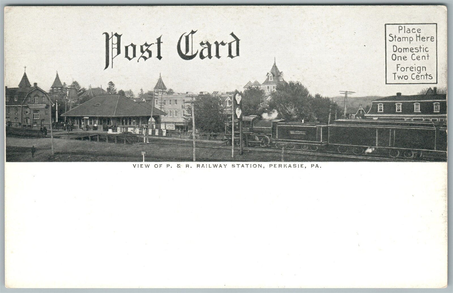 PERKASIE BUCKS CO PA PUBLIC SCHOOL RAILWAY STATION ANTIQUE DOUBLE SIDED POSTCARD