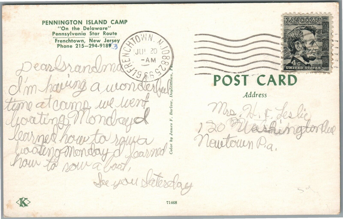 FRENCHTOWN NJ PENNINGTON ISLAND CAMP VINTAGE POSTCARD