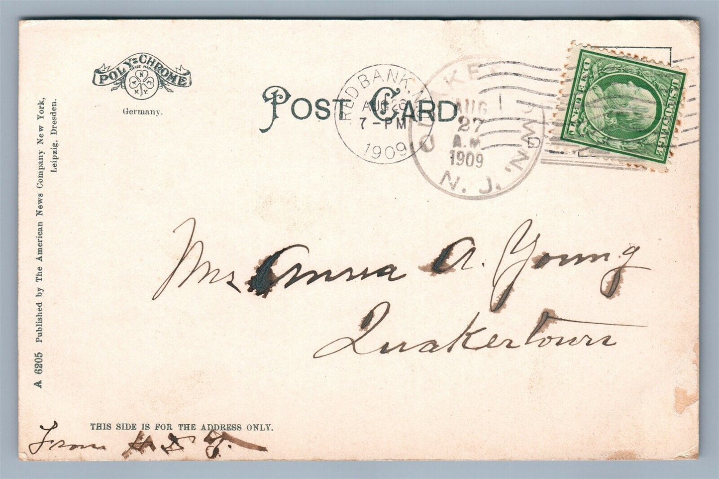 RED BANK NJ UPPER BROAD STREET 1909 ANTIQUE POSTCARD