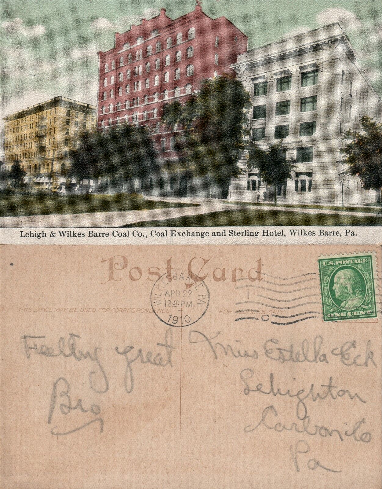 LEHIGH WILKES-BARRE COAL CO. COAL EXCHANGE STERLING HOTEL 1910 ANTIQUE POSTCARD