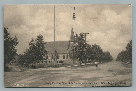 ENGLEWOOD NJ WEST SIDE CHURCH & LIBERTY POLE ANTIQUE POSTCARD