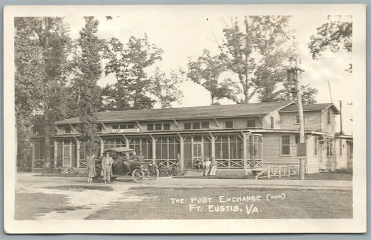 FT. EUSTIS CAMP VA POST EXCHANGE ANTIQUE REAL PHOTO POSTCARD RPPC w/ AUTOMOBILE