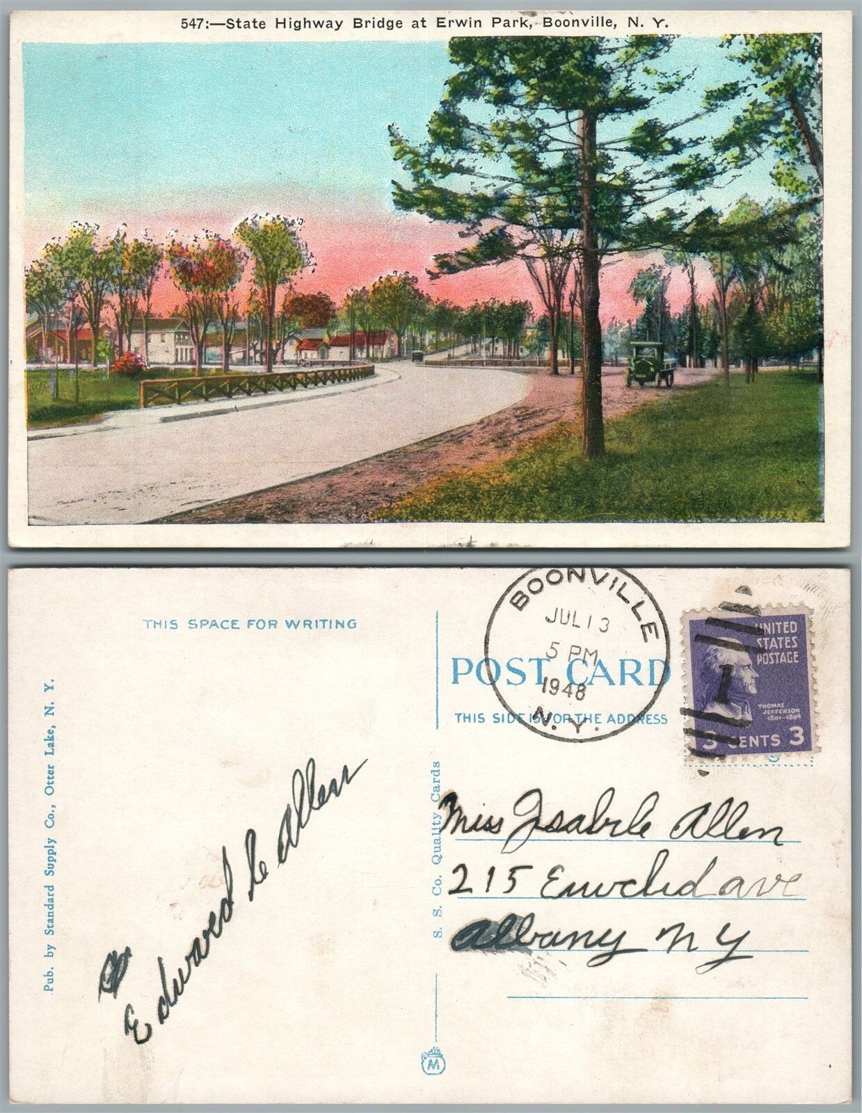 BOONVILLE N.Y. STATE HIGHWAY BRIDGE AT ERWIN PARK 1948 VINTAGE POSTCARD