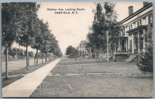 OAKFIELD NY WEBBER AVENUE 1910 ANTIQUE POSTCARD w/ CORK CANCEL