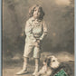 GIRL w/ DOG FRENCH ANTIQUE REAL PHOTO POSTCARD RPPC