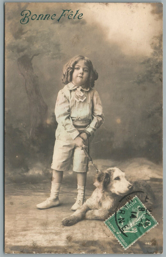 GIRL w/ DOG FRENCH ANTIQUE REAL PHOTO POSTCARD RPPC