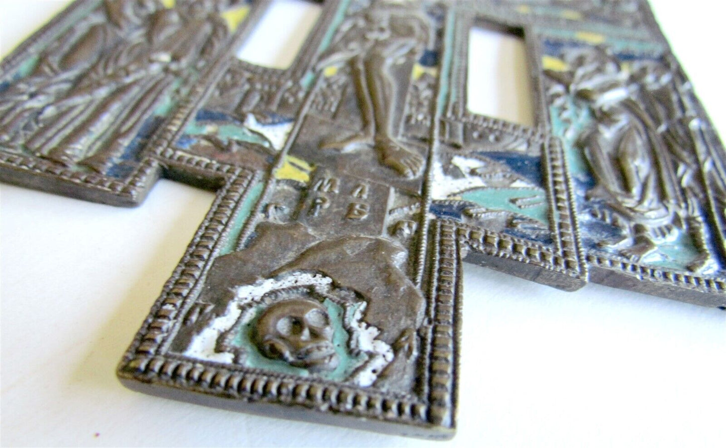 RUSSIAN icon WALL CROSS BRONZE MULTI ENAMEL ANTIQUE 1870s