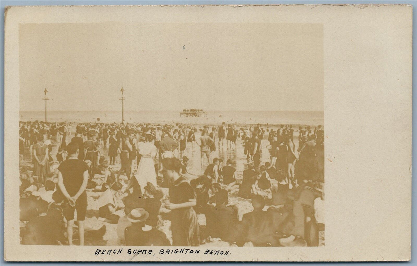 BRIGHTON BEACH NY BEACH SCENE ANTIQUE REAL PHOTO POSTCARD RPPC