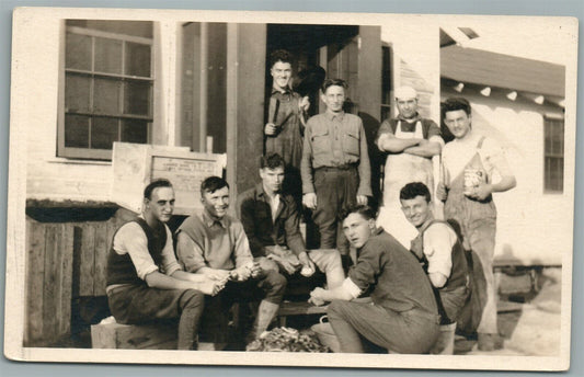 SOLDIERS PEELING THE POTATOES ANTIQUE REAL PHOTO POSTCARD RPPC