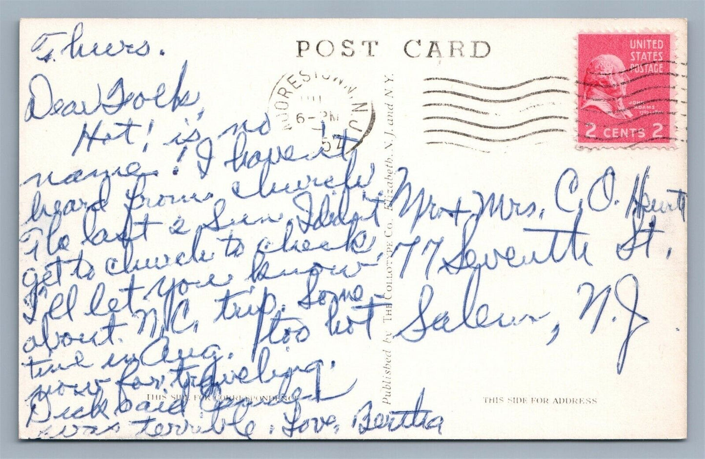 MOORESTOWN NJ SYCAMORE TREE 1952 VINTAGE POSTCARD w/ AMERICAN FLAG