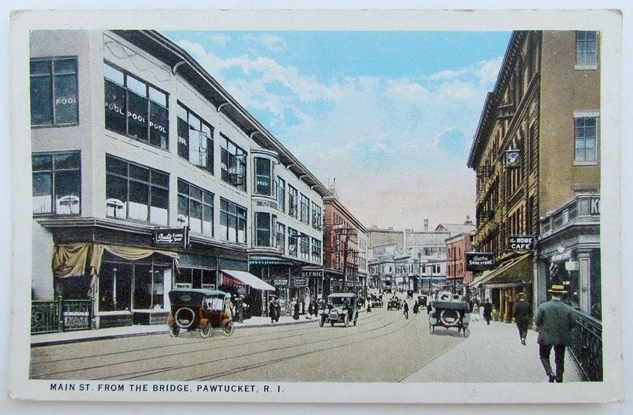 VINTAGE 1926 POSTCARD MAIN STREET FROM BRIDGE PAWTUCKET RHODE ISLAND CARS SIGNS