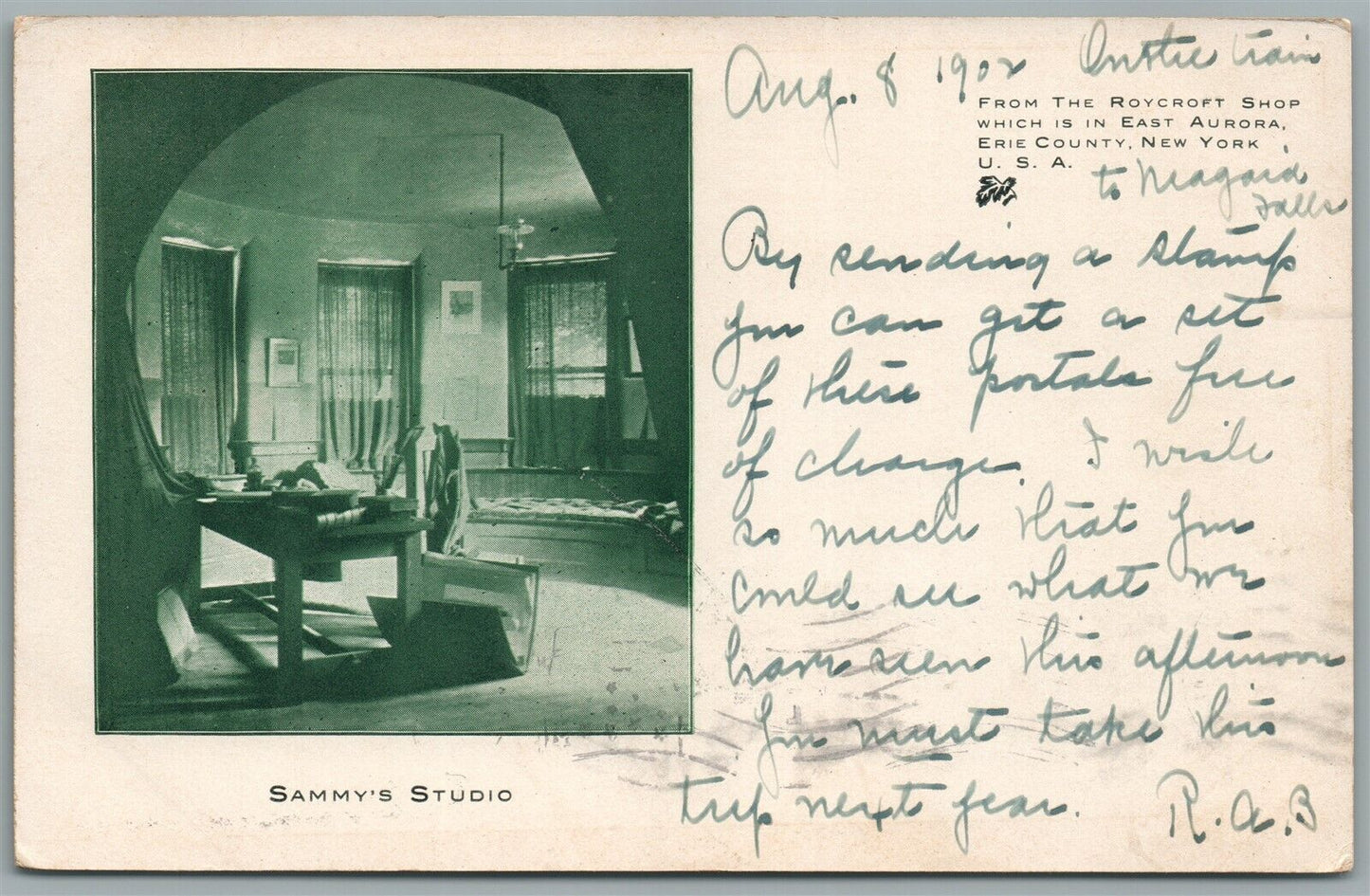 EAST AURORA NY SAMMY'S STUDIO ROYCROFT SHOP ANTIQUE POSTCARD PRIVATE MAILING