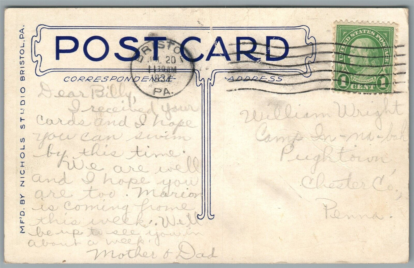 BRISTOL PA FARMERS NATIONAL BANK ANTIQUE POSTCARD