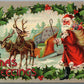 SANTA w/ DEERS CHRISTMAS GREETINGS ANTIQUE POSTCARD