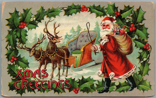 SANTA w/ DEERS CHRISTMAS GREETINGS ANTIQUE POSTCARD