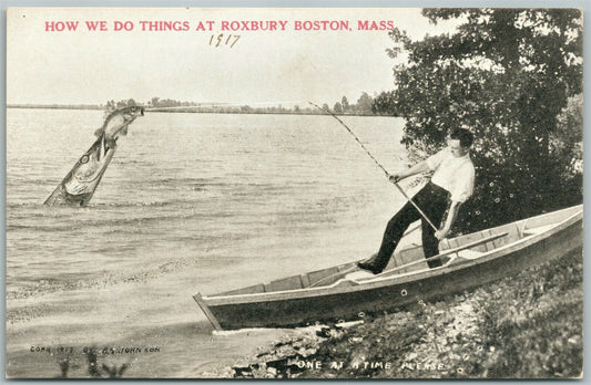 EXAGGERATED FISHING ANTIQUE POSTCARD ROXBURY BOSTON MA