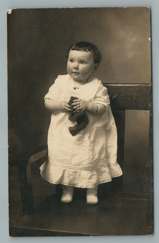 BABY GIRL w/ TOY PLUSH TEDDY BEAR ANTIQUE REAL PHOTO POSTCARD RPPC