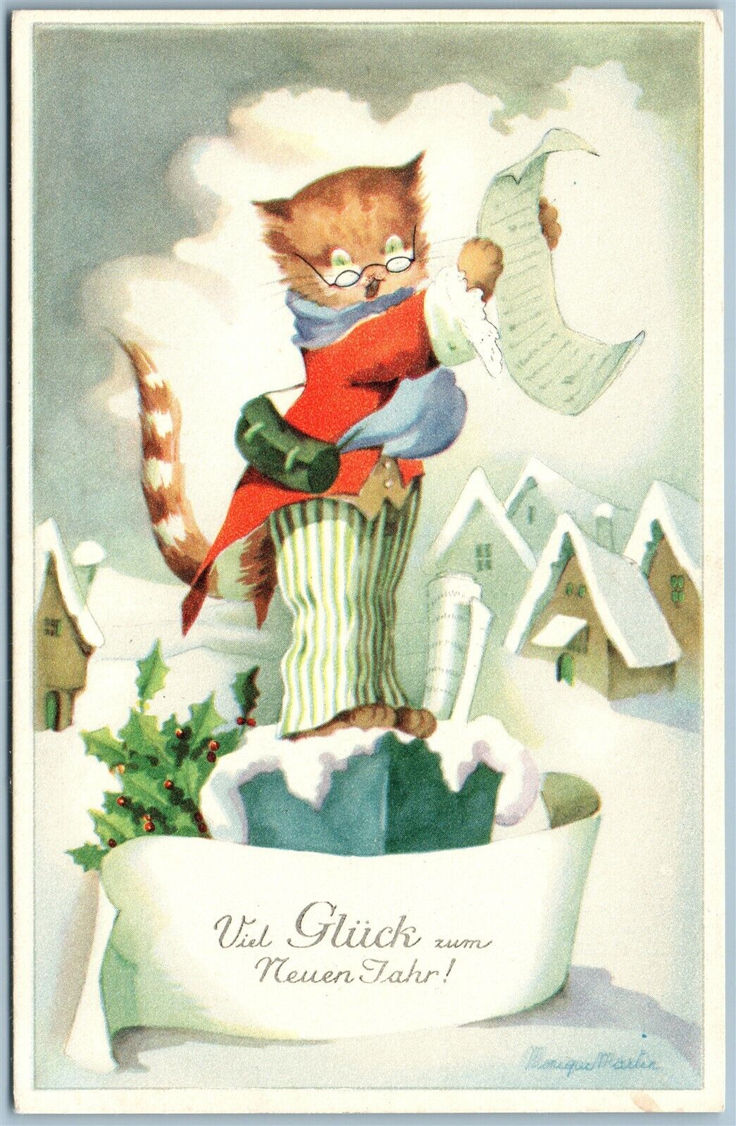 DRESSED CAT HAPPY NEW YEAR VINTAGE POSTCARD