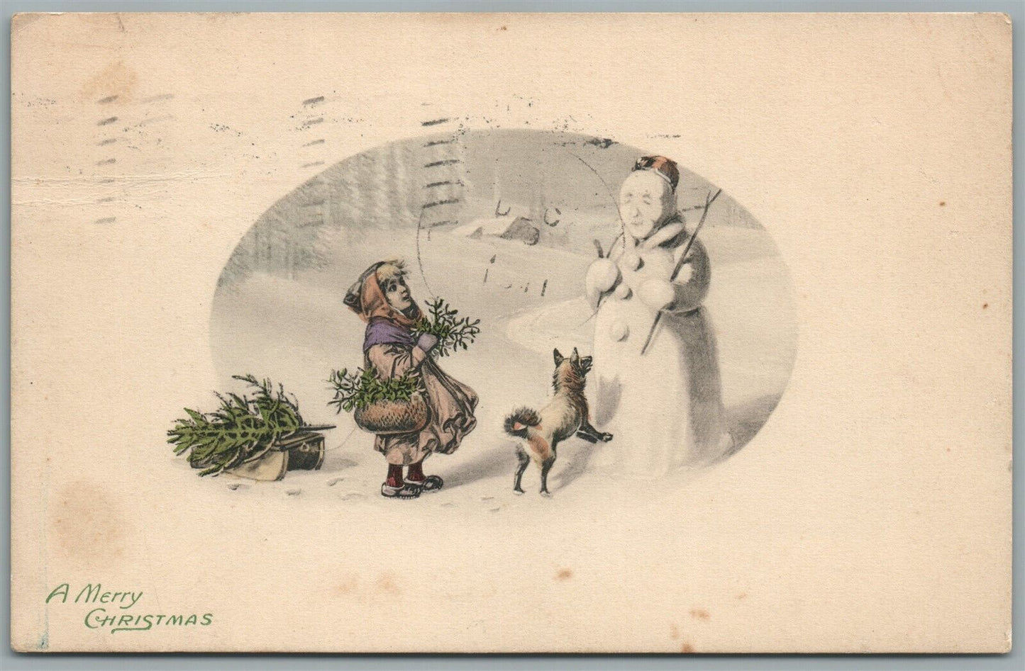 DOG w/ SNOWMAN CHRISTMAS NEW YEAR ANTIQUE POSTCARD