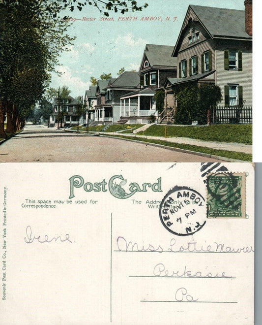 PERTH AMBOY N.J. RECTOR STREET ANTIQUE POSTCARD w/ CORK CANCEL