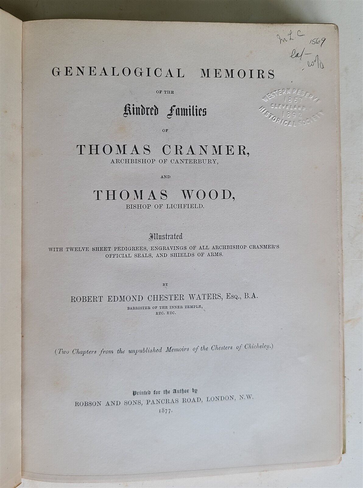 1877 GENEALOGICAL MEMOIRS of THOMAS CRANMER & THOMAS WOOD antique VELLUM BOUND