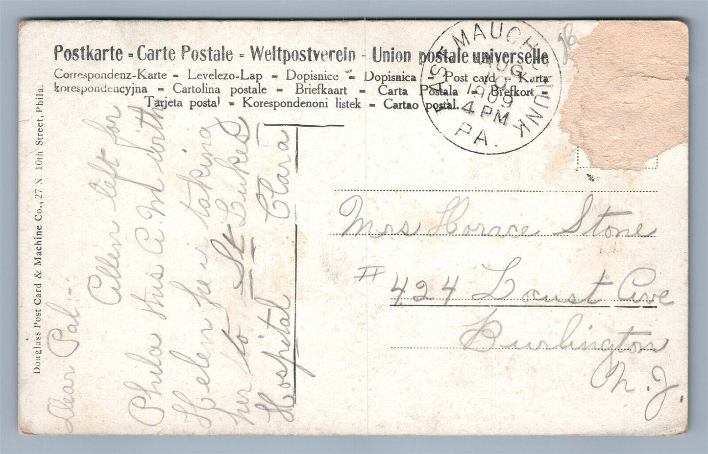 MAUCH CHUNK PHILADELPHIA PA FLAGSTAFF PARK ANTIQUE POSTCARD