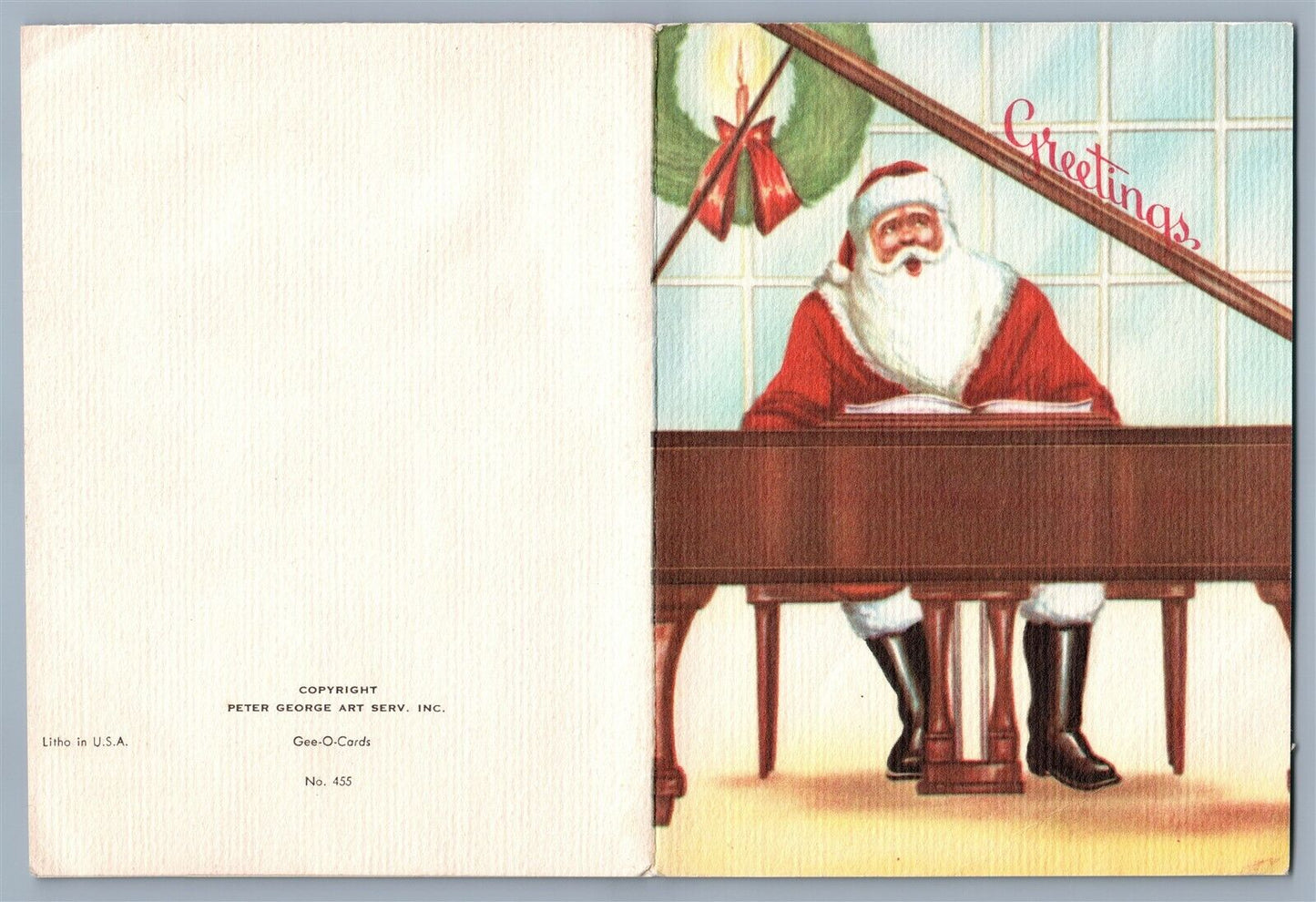 CHRISTMAS VINTAGE LARGE FOLDING POSTCARD w/ COMPOSERS & SANTA PLAYING PIANO