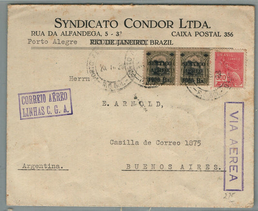 BRAZIL to ARGENTINA VINTAGE COVER w/ STAMPS Syndicato Condor Ltd