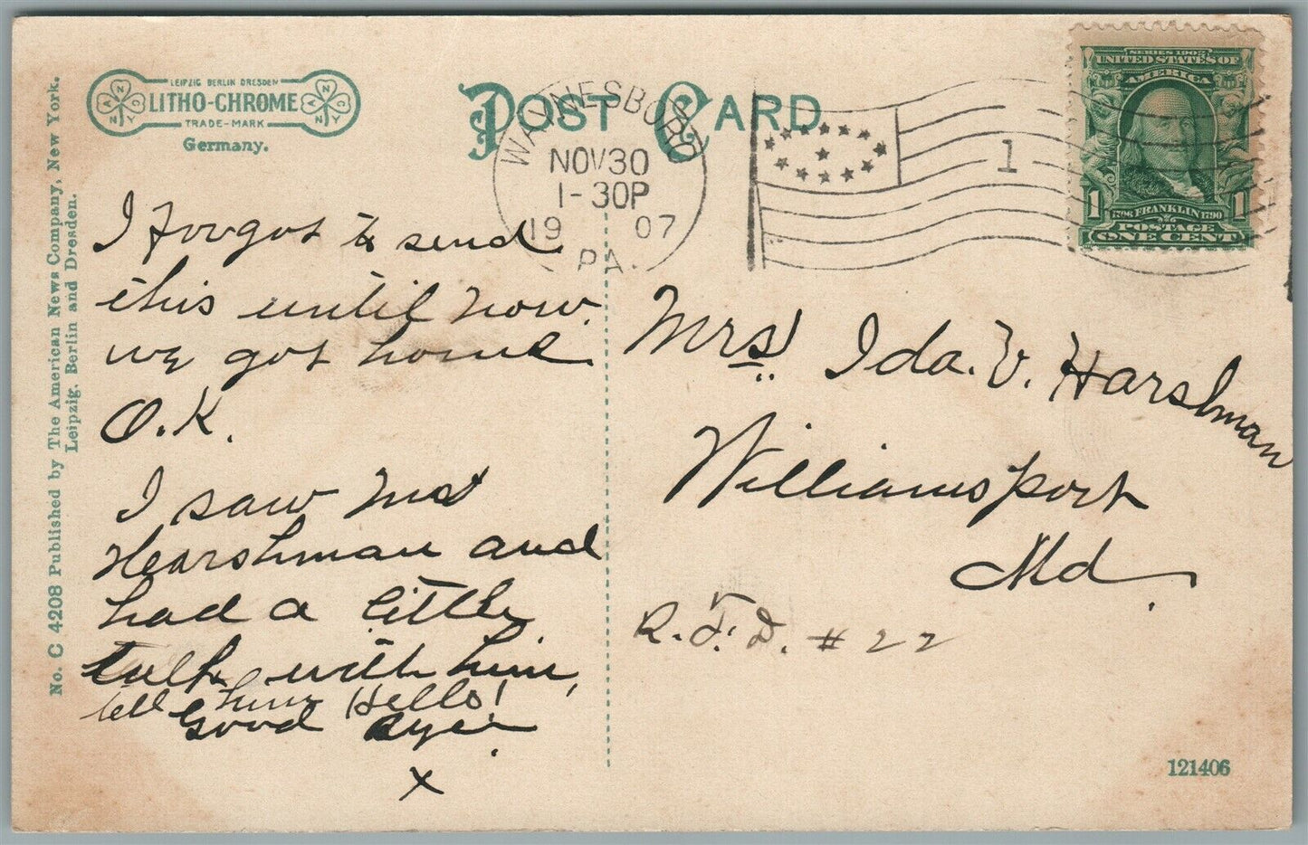 WAYNESBORO PA GERMAN BAPTIST CHURCH ANTIQUE POSTCARD